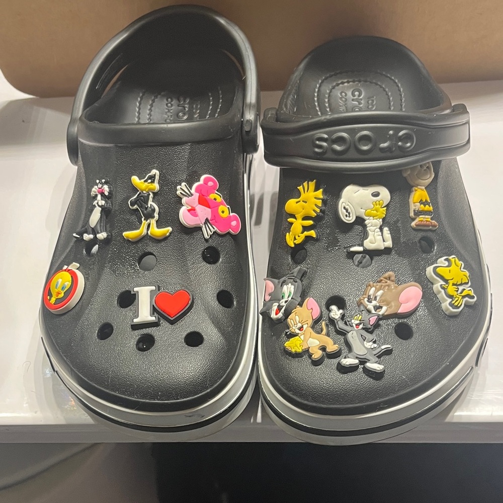 CROCS Women Black Slippers with Cartoon Charms